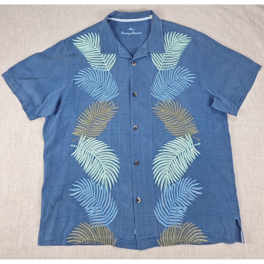 Tommy Bahama Mens XXL Blue Silk Embroidered Palm Leaf Short Sleeve Camp Shirt
